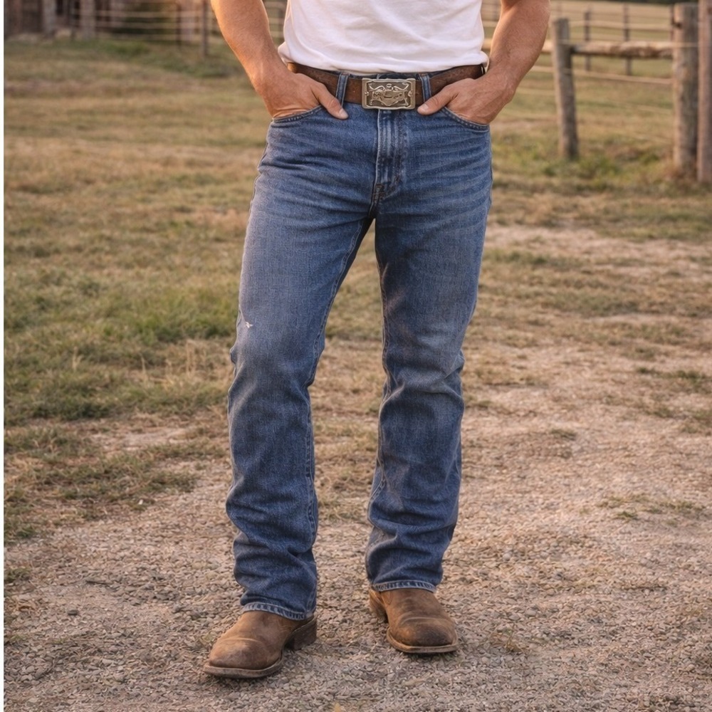 Wrangler Retro Slim Straight Blue Denim Jeans Western Cowboy Mens Size 34x20
